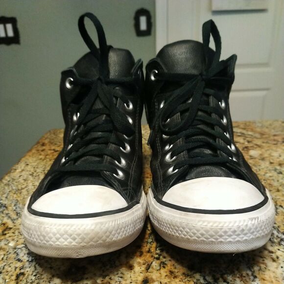 Rare Black Chuck Taylor All Star Converse Leather Mid Top Sneakers Mens 10 D - Picture 5 of 12